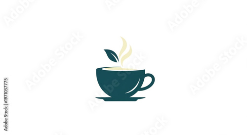 Tea cup, steaming hot beverage, green mug, leafy design