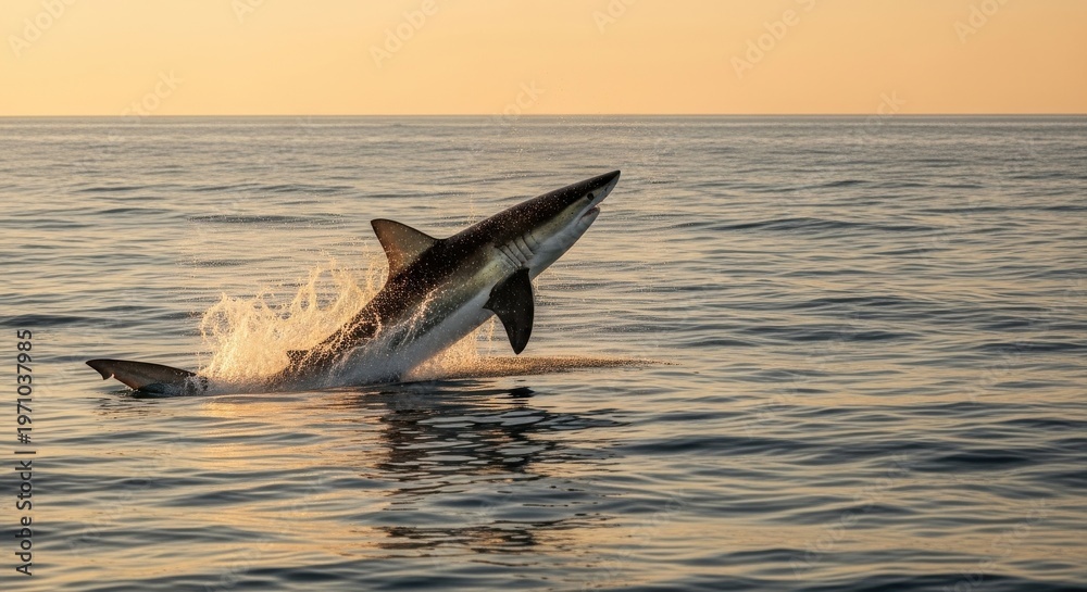 Fototapeta premium Mako Shark leaps from ocean surface in dramatic breach against soft sunset light