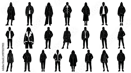 Winter Fashion People Silhouettes - Men  Women in Coats  Jackets Vector Art