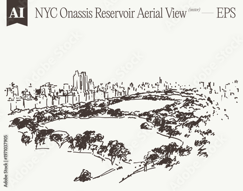 Central Park NYC Onassis Reservoir Aerial Winding Paths Serene Sketch