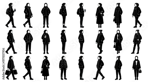 Black Silhouettes: Modest Muslim Women in Hijab Winter Fashion Vector Collection