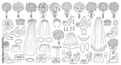 Collection of Wedding Elements Hand-Drawn Line Art.