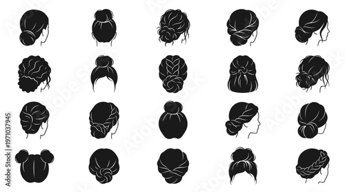 Beauty  Fashion Women's Hairstyles Silhouette Icons: Updos, Buns, Braids, Ponytails Vector