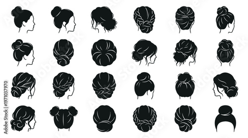 Beauty Hairdressing Glyph: Collection of Women's Elegant Bun Hairstyles and Updos Black  White Vector Icons