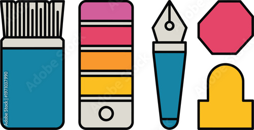 A colorful illustration of writing and drawing tools