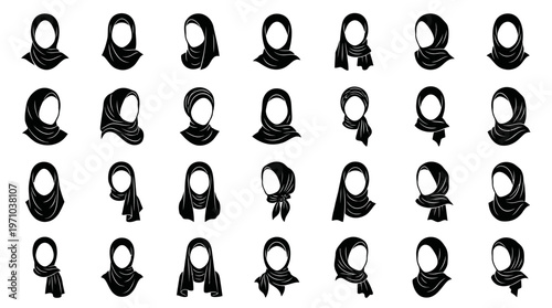 Diverse Hijab Headscarf Glyph Icons: Muslim Women's Fashion  Cultural Identity