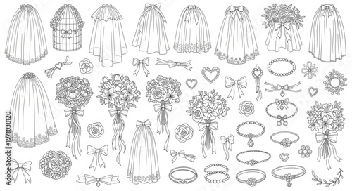 Collection of Wedding Elements Hand-Drawn Sketch Style.