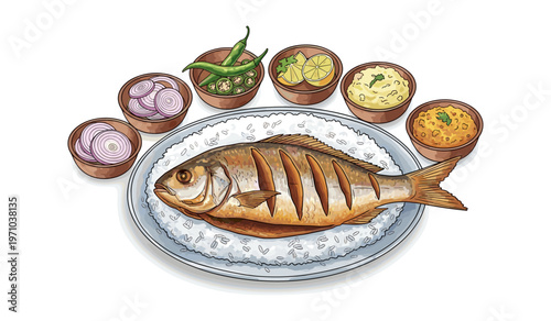 Whole Grilled Fish with Traditional Side Dishes Illustration