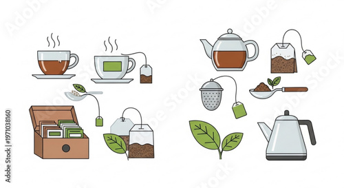 Tea Time Icons, Vector Tea Cups, Kettles, and Leaves, 20 Elements, Flat Design