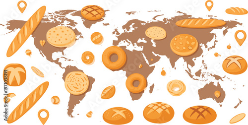 Global Bread Map Infographic Featuring World Map with Different Bread Types, Bakery Products and Cultural Food Diversity Illustration Design