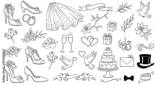 Collection of Wedding Elements Hand-Drawn Style.