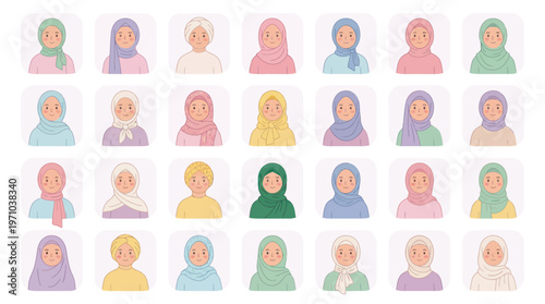 Diverse Muslim People Avatars Flat Vector Illustration Set for Community Profiles