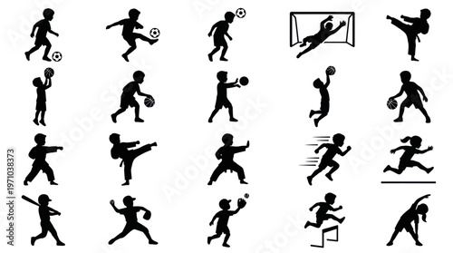 Diverse Kids Sports Activities Black Glyph Silhouettes Vector Icon Set