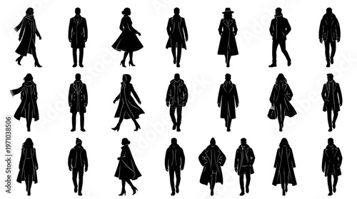 Fashion People Silhouettes in Winter Coats and Jackets - Black  White Glyph Vector