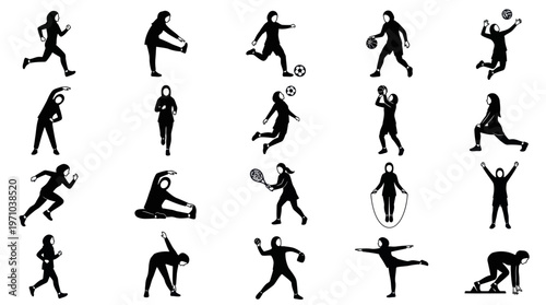 Black  White Silhouette Vector Icons of Muslim Hijabi Women in Sports and Fitness