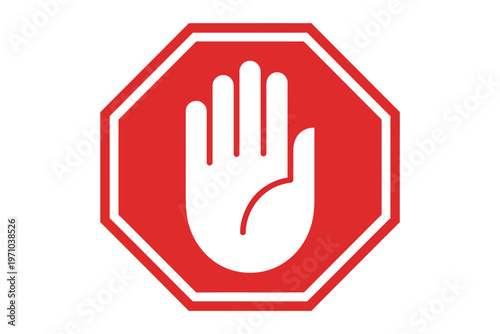 A red octagonal sign with a white hand inside