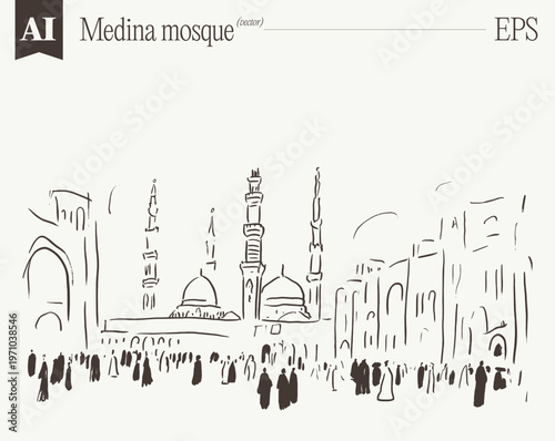 Medina Mosque Panoramic Wide Sketch Vector Art