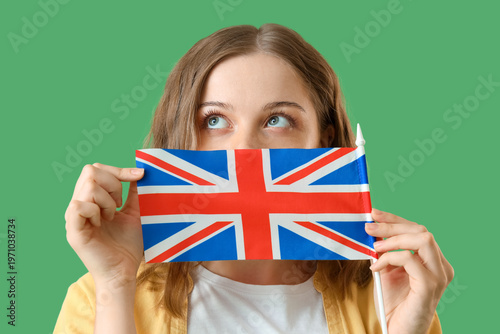 Young woman with UK flag on...