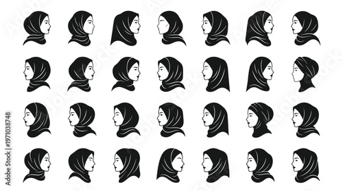 Diverse Muslim Women Hijab Silhouettes Vector Icons - Religious Headscarf Styles