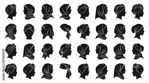 Diverse Women Head Coverings Silhouette Icons - Hijab, Turban  Scarf Styles
