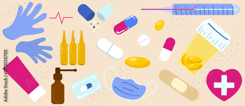 Medical and healthcare clip art set, featuring capsules, pills, bandage, protective face mask, thermometer, and surgical gloves. Minimalist whimsical elements for pharmacy branding and wellness design