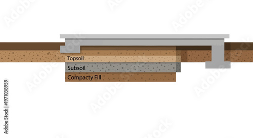 Cross-Section Diagram of Building Foundation Layers and Soil Stratification with Topsoil, Subsoil, and Compacted Fill for Civil Engineering Projects