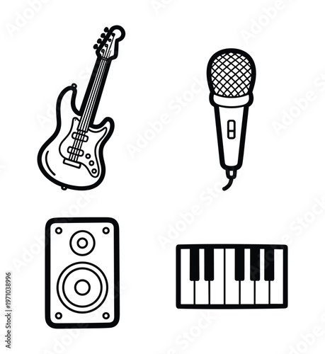Hand-Drawn Black Outline Music Instrument and Equipment Icon Set — Guitar Microphone Speaker Piano Keyboard Vector