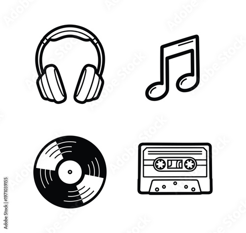  Hand-Drawn Black Outline Retro Music Icon Set — Headphones Vinyl Record Cassette Tape Musical Note Vector