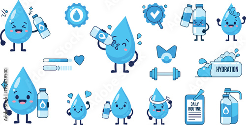 Cute Water Hydration Characters Collection with Smiling Drops, Bottles and Health Icons Promoting Daily Water Intake and Fitness Lifestyle Illustration