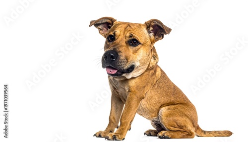 A medium-sized, tan-colored dog sits, looking to the side with an open mouth, against a plain white background