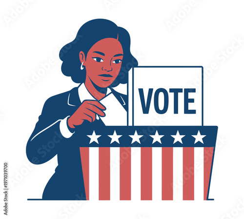 A woman casts her vote in an election, symbolizing civic participation and democratic process.