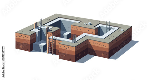 Isometric 3D Illustration of a Building Foundation Construction with Concrete Slabs, Rebar, and Soil Layers on a White Background