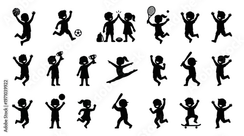 Children Sports  Play Activities Silhouette Icon Set - Happy Childhood Recreation Glyphs