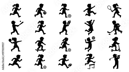 Kids Sports Activities Silhouettes Vector Set. Children Playing  Recreation Icons.