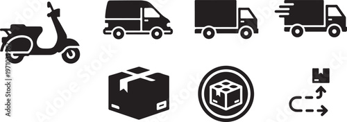 delivery icons scooter van truck package silhouette set black design