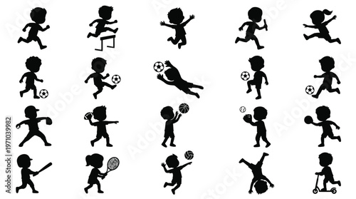 Kids Sports Silhouettes Vector Icons Set - Children Playing  Active Childhood Glyphs