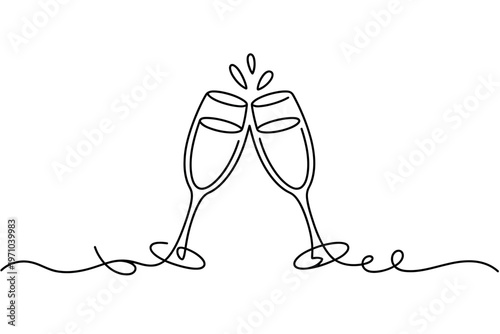 A minimalist line drawing of two champagne glasses clinking together