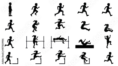 Children's Athletics Sports Icons: Running, Jumping, Hurdles, High Jump Silhouettes Set