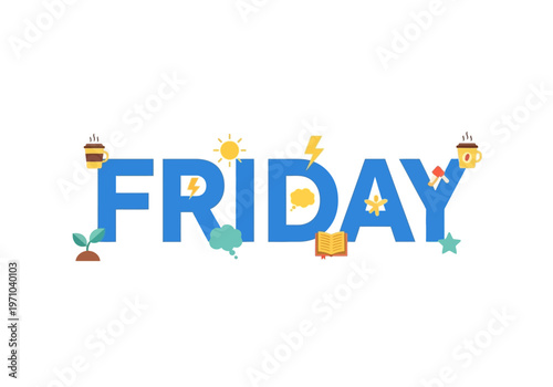 Vibrant Friday typography art capturing the essence of the end of the work week, featuring elements of relaxation, productivity, and the joyful anticipation of the weekend