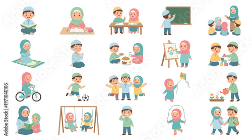 Flat Illustration of Happy Muslim Children Engaging in Daily Life, Education  Religious Activities