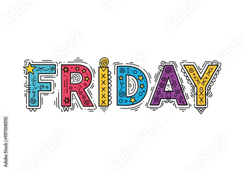 Vibrant and decorative Friday word art illustration, perfect for celebrating the end of the week and welcoming the weekend with a playful, doodle-style design