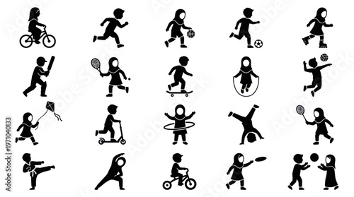 Children Sport Activity Vector Glyph Icons Set. Kids Playing  Exercising Silhouettes.