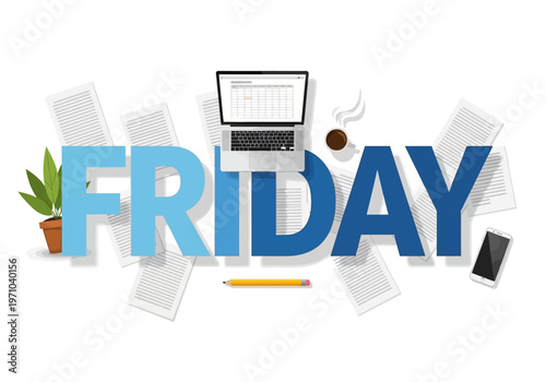 Friday illustration with office desk setup, laptop, coffee, and documents, symbolizing the end of the work week and weekend anticipation