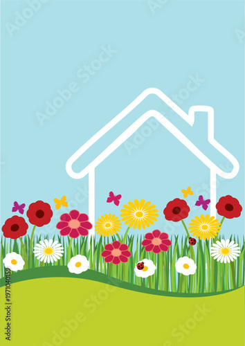 A4 real estate flyer for spring featuring a house and flowers. Hand-drawn vector illustration.