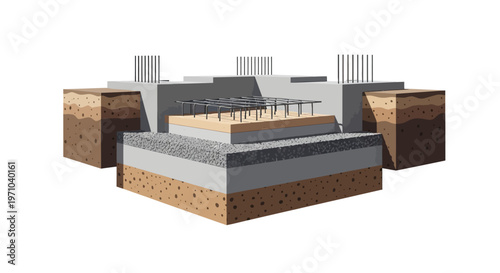3D Cross-Section of Concrete Building Foundation with Rebar, Gravel, and Soil Layers for Architectural Construction Visualization