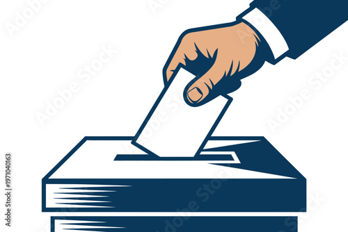 A hand casts a vote into a ballot box, symbolizing the democratic process and civic engagement.