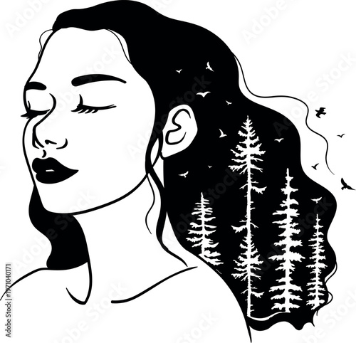 Double Exposure Woman Profile with Forest and Birds Nature Concept