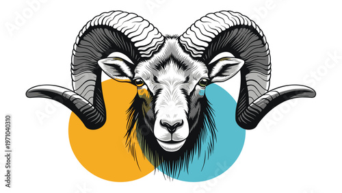 Powerful graphic illustration of a ram head with large curled horns over orange and blue circular shapes on a clean white background.