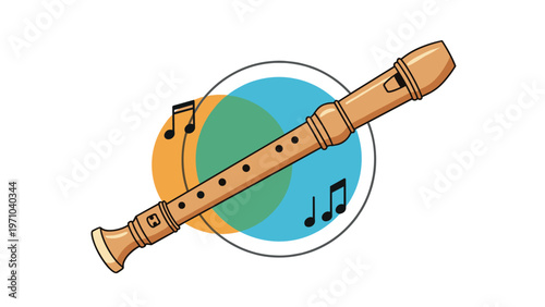 Wooden recorder flute musical instrument placed over colorful abstract circles and music notes on a clean white background for design.