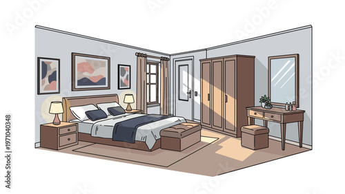 Modern bedroom interior design with a comfortable double bed, wardrobe, dressing table, and natural light coming from a window.